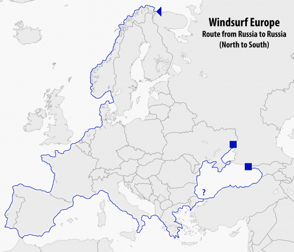 Windsurf Europe - Russia to Russia - route showing both Black Sea options
