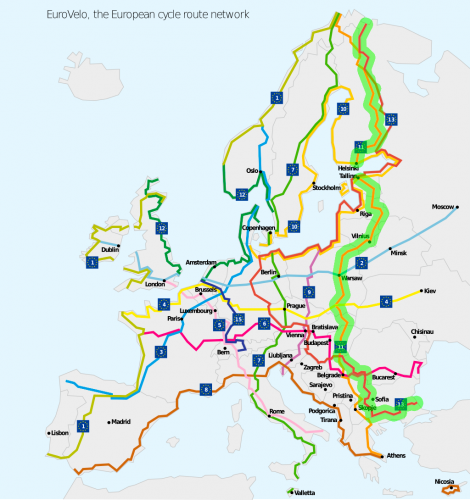 A possible EuroVelo route back to Grense Jakobselv in northern Norway (EV13 and EV11, highlighted in green)
