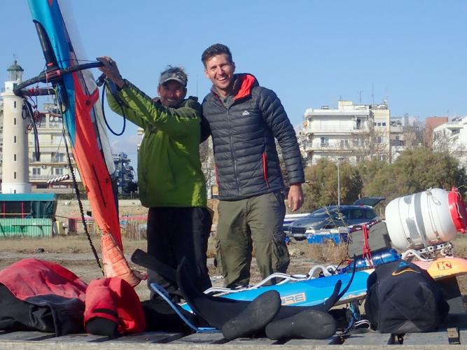 Last pic of a severely limping second expedition sail. With Nasos, having just arrived in Alexandroupolis
